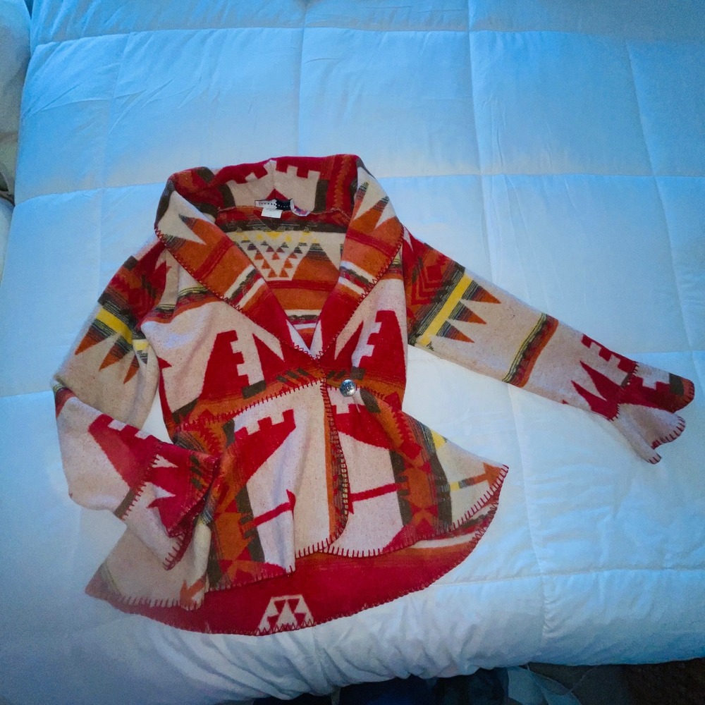 RHONDA STARK USA Made Southwest Geometric Blanket Print Peplum Jacket Blazer S - Picture 5 of 11